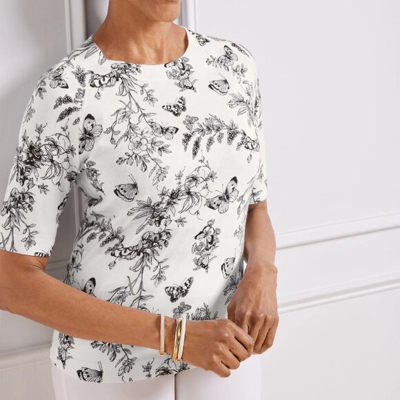 Talbots Elbow Sleeve Pullover Butterfly Toile Novelty Print Cottagecore 1X - Picture 1 of 9